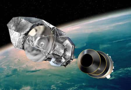 Cliquer pour agrandir. Trente minutes après son lancement, l'instrument Herschel se séparera du dernier étage de son lanceur et entamera la route qui le conduira vers le point de Lagrange L2 à 1,5 million de kilomètres de la Terre. Crédit : Esa/D. Ducros, 2009