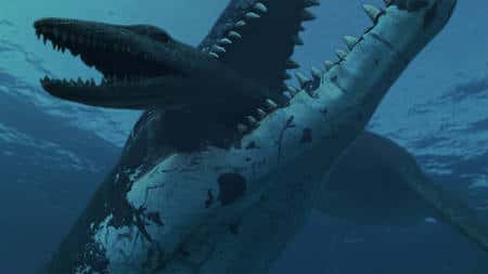 Scène de vie dans les océans du Jurassique. Un Predator X, long d'une quinzaine de mètres attrape un plésiosaure en le saisissant au niveau de son très long cou.<br>© <em>Natural History Museum, University of Oslo</em>