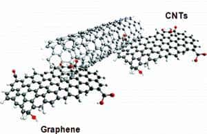 Le G-CNT est composé de nanotubes de carbone (<em>CNTs</em>) reliant entre elles des plaques de graphène. © Yang Yang <em>et al.</em>
