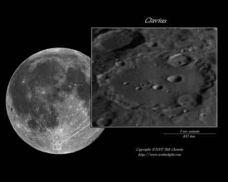 Cliquer pour agrandir. Le cratère Clavius et sa localisation au pôle sud. Crédit : Bill Christie