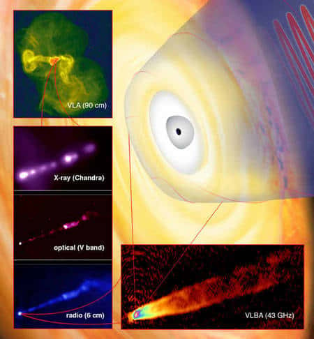 Cliquer pour agrandir. Le zoom du VLBA porte sur l'extrémité du jet de M87 déjà étudié en X par Chandra. On le voit en bas à droite. Le disque d'accrétion et la base du jet de matière sont bien visibles en radio. Crédit : Bill Saxton, NRAO/AUI/NSF