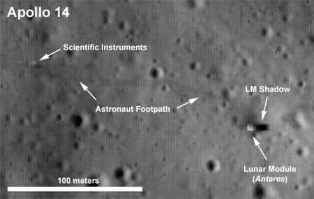 L'image la plus surprenante ! Sur le site d'Apollo 14, l'agrandissement permet de distinguer le module lunaire (<em>Lunar Module</em>), baptisé <em>Antares</em>, son ombre (<em>LM Shadow</em>) et des instruments scientifiques, à gauche. Entre les deux, la trace plus noire est celle laissée par les marcheurs lunaires Alan Shepard et Ed Mitchell (<em>Astronaut Foopath</em>). Il ne manque qu'un détail : les deux balles de golf que Shepard a lancées grâce à une canne improvisée, l'une à deux cents mètres, l'autre à des « <em>miles, miles and miles</em> », selon ses propres paroles, adressées au CapCom, en direct.<br />Crédit : Nasa/<em>Goddard Space Flight Center/Arizona State University</em>