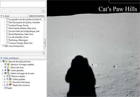 Dans Google Earth, choisissez <em>Lune</em> dans le menu <em>Outils</em> puis, dans le volet à gauche, déroulez le menu<em> Infos pratiques</em> puis <em>Galerie d'images de la Lune</em>.