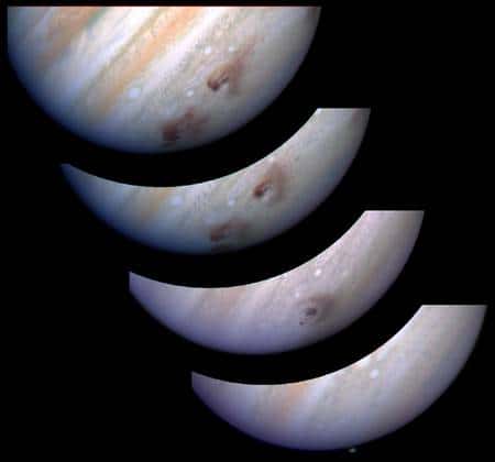  Les taches sombres sur la surface de Jupiter prises par le télescope Hubble dans le visible sont dues à la chute des fragments de Shoemaker-Levy 9. © H. Hammel (SSI), WFPC2, HST, Nasa