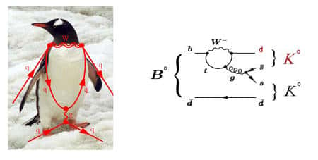 Les <em>Penguin diagrams</em>, – mal – traduit par <em>diagrammes pingouin</em>, tirent leur nom de la forme d'un manchot (<em>penguin</em> en anglais) qu'ils sont censés styliser. Ce sont des diagrammes de Feynman représentant des réactions particulières, mettant en jeu des quarks « beau » (b) dans les mésons B. Sur celui du haut, on voit des quarks étranges (s) et top (t). La réaction produit ici deux mésons K, des hadrons. Crédit : <em>Berkeley Lab</em>