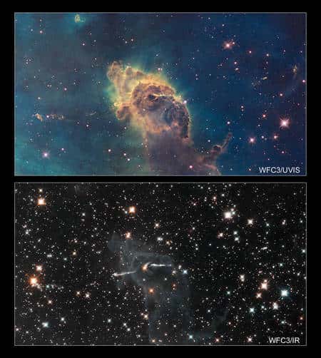 Cliquer pour agrandir. La nébuleuse de la Carène située à 7.500 années-lumière n'a pas le même aspect selon qu'on l'observe dans l'ultraviolet et le visible (en haut) ou dans l'infrarouge (en bas). On voit clairement dans la dernière image des jets de matière longs de dix années-lumière émis par une jeune étoile au centre grâce à la nouvelle caméra WCF3. Crédit : <em>NASA, ESA, Hubble SM4 ERO Team</em>