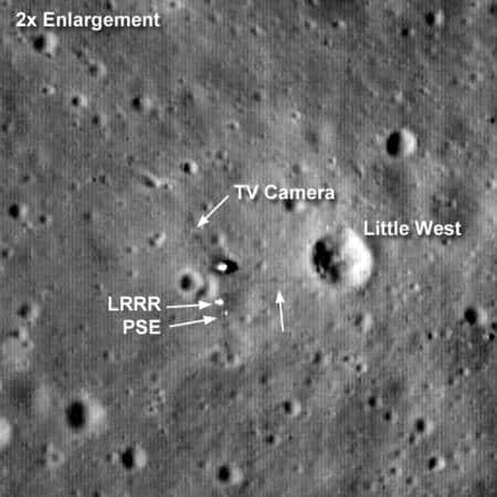 Un zoom sur la région où se trouve le module lunaire d'Apollo 11. Crédit : NASA/Goddard Space Flight Center/Arizona State University