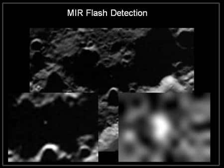 La caméra infrarouge de LCross a détecté un éclair dû au sodium au moment de l'impact de <em>Centaur</em>. © <em>Nasa Ames</em>