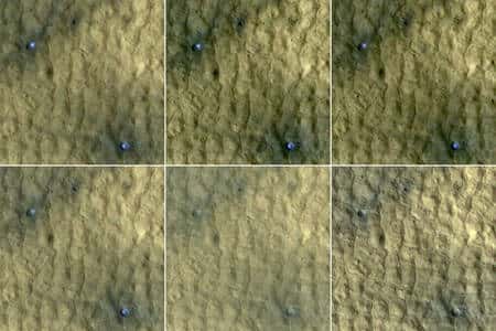 Cliquer sur l'image pour l'agrandir. Chacun des carrés sur ces images mesure 75 mètres et on voit clairement dans deux cratères d'impact récent de la glace colorée en bleu qui se sublime au cours du temps sur une période de 15 semaines. Crédit : <em>NASA/JPL-Caltech/University of Arizona</em>