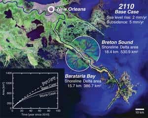 Cliquer pour agrandir. Vue du Delta du Mississipi en aval de La Nouvelle-Orléans, avec les projections des terres gagnées en 2110. © Eos/AGU