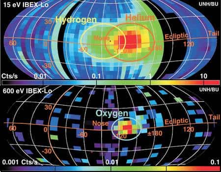 Mesuré par IBEX à différentes énergies (15 eV en haut et 600 eV en bas), le flux d'atomes neutres énergétiques est bien différent de celui que l'on prévoyait. On observe en particulier des zones plus riches en atomes d'hydrogène, d'hélium et d'oxygène. La zone <em>Nose</em> correspond à la direction de mouvement du Soleil autour de la Voie lactée. Crédit : Nasa