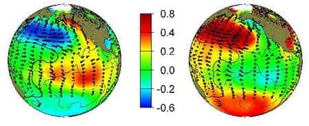Figure 2 : structure spatiale de la température de surface du Pacifique dans les cas de phase chaude de la PDO (à gauche) et de phase froide à (droite). © <em>Joint Institute for the Study of the Atmosphere and Ocean</em>