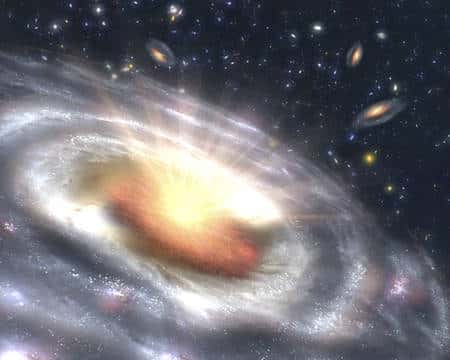 Une représentation d'artiste du noyau actif d'une galaxie. Il s'agit d'un trou noir géant en rotation accrétant de la matière et rayonnant d'impressionnantes quantités d'énergie. Crédit : Nasa/JPL-Caltech/T. Pyle (SSC) 