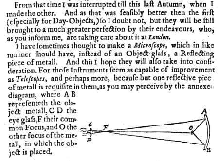 Février 1671. Dans son long article expliquant sa nouvelle théorie « <em>de la lumière et des couleurs</em> », Isaac Newton explique, schéma à l'appui, comment on peut utiliser un miroir réfléchissant concave (« <em>a reflecting piece of metall</em> ») à la place d'une lentille (<em>Object-glass</em>) pour réaliser un télescope ou, comme sur ce dessin, un microscope, avec l'objet à étudier en O et l'oculaire (« <em>eye glass</em> ») en CD. © <em>The Royal Society</em>