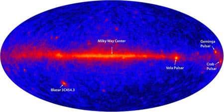 Le pulsar du Crabe fait partie des sources de rayonnement gamma les plus intenses du ciel, comme on peut le constater sur cette carte réalisée par le télescope spatial Fermi (GLAST). Crédit Nasa/DOE