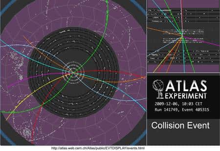 Cliquer pour agrandir. Des collisions à 900 GeV avec des faisceaux de protons stables dans le détecteur Atlas du LHC. Crédit : Cern