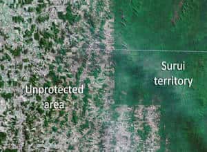 Au Brésil, l’influence des réserves amérindiennes sur la lutte contre la déforestation est claire comme une photo satellite : seule la forêt du territoire de la tribu des Surui est préservée. © <em>Google Earth Outreach</em>