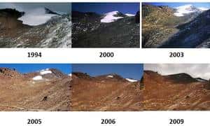 Cliquer pour agrandir. Evolution du glacier de Chacaltaya entre 1994 et 2009. © IRD-B. Francou (1994-2005), IRD P. Ginot (2006-2009)