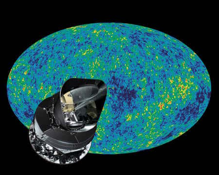 Une vue d'artiste de Planck sur des images du fond cosmologique diffus. Crédit : Esa