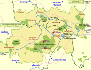 Cliquer pour agrandir. Le parc naturel du Hainaut est un exemple de coordination transfrontalière pour la conservation de la biodiversité. Ce parc à cheval sur la France et la Belgique est constitué du parc régional de la Scarpe et de l'Escaut, côté français, et du Parc naturel des plaines de l'Escaut, côté belge. © MPPE