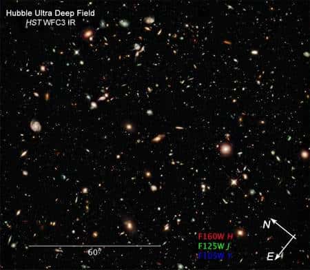 Cliquer pour agrandir. Le HUDF pris dans l'infrarouge proche par Hubble. Crédit : Nasa-Esa