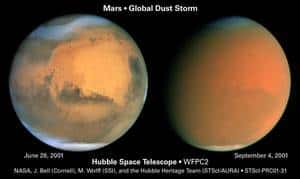 Les effets d'une grande tempête de poussière en 2001 : en quelques semaines la surface martienne est devenue invisible depuis la Terre. Crédit Nasa / Hubble