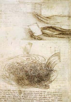 Cliquer pour agrandir. Léonard de Vinci était fasciné par les formes que peuvent prendre les écoulements d'eau. En voici ici des dessins de sa main extraits d'un de ses carnets. Crédit : Wikipédia