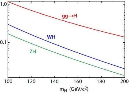 En fonction de la masse du Higgs m<sub>H</sub> , on peut comparer les taux de réactions de production du boson de Higgs au Tevatron. Les réactions de fusion de deux gluons (courbe violette) dominent celle avec production d'un boson W et d'un boson de Higgs. Toutefois, cette dernière (courbe bleue) est plus facile à extraire du bruit hadronique des collisions et c'est pourquoi elle a été beaucoup plus étudiée au Tevatron par l'expérience CDF. Crédit : Tommaso Dorigo