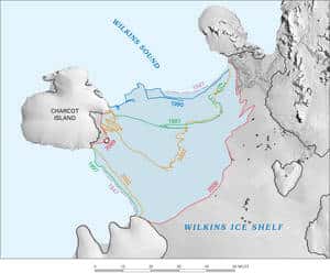 Cliquer pour agrandir. Evolution du trait de côte selon la régression de la barrière de glace de Wilkins (lignes de couleur). © <em>U.S. Geological Survey</em>