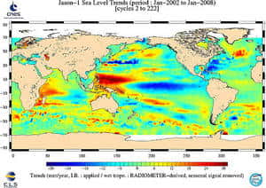 Carte de l'évolution du niveau de la mer entre 2002 et 2008 établie grâce aux données Jason-1. Les missions altimétriques sont une contribution essentielle pour les modèles d'interaction océan-atmosphère avec des paramètres toujours plus précis, ce qui doit renforcer le suivi opérationnel du climat et des changements climatiques à l'échelle de la planète.
