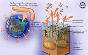 Cliquer pour agrandir. Le méthane s’échappe à un taux alarmant du plateau continental de Sibérie orientale. Les émissions de cette zone équivalent à elles seules à la totalité du reste des émissions océaniques. La température de la lithosphère et celle de l’eau de mer font fondre le pergélisol par les deux bouts. Ce pergélisol troué laisse alors s’échapper le méthane qu’il retenait. © <em>National Science Foundation</em>