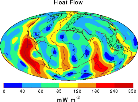 Une carte du flux de chaleur mesuré à la surface de la Terre. Du bleu au rouge son intensité croit. Crédit : <em>University of Oklahoma</em>