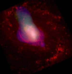 Vus aux rayons X par l'observatoire Chandra, les vents énergétiques qui s'échappent du cœur de M 77 empêchent la naissance de nouvelles étoiles. Crédits Nasa/CXC/MIT/C. Canizares, D. Evans <em>et al.</em>