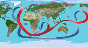 Cliquer pour agrandir. Schéma de la circulation thermohaline mondiale. Le Gulf Stream est le courant chaud de l’Atlantique nord. Il se refroidit et se charge en sel au niveau de la calotte polaire puis plonge. L’ensemble constitue un <em>tapis roulant</em> planétaire qui distribue la chaleur captée par les océans. © Nasa / JPL