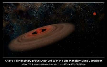 Une vue d'artiste de la naine brune 2M J044144 entourée d'un disque de matière et d'une géante gazeuse. Crédit : Nasa-Esa