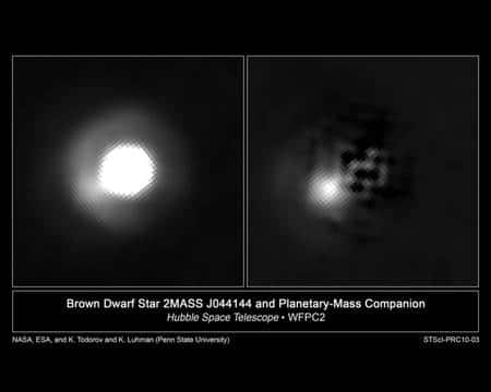 En retranchant de l'image de Hubble la composante associée à 2M J044144, on voit nettement maintenant une exoplanète compagne. Crédit : Nasa-Esa