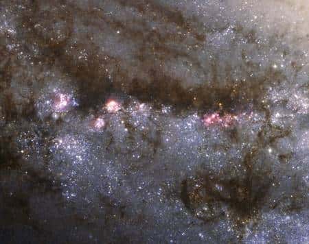 Les bras de la galaxie M 66 présentent des régions roses où naissent les étoiles. Crédit Nasa/Esa/<em>Hubble Heritage</em>