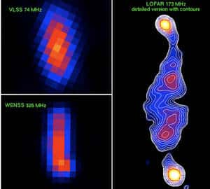 A droite, la première image de Lofar. Elle montre une galaxie radio et des jets de matière produits par le trou noir qui se trouve au centre. Elle est à comparer avec les deux images à gauche de la même source, réalisées par d’autres instruments dans d’autres fréquences. © Van Weeren / Astron