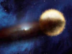 Cette vue d'artiste montre à quoi doit ressembler le disque de poussières occultant Epsilon du Cocher. Crédit Nasa/JPL/Caltech