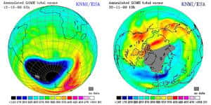 Cartes du trou dans la couche d’ozone tracées par Gome (<em>Global Ozone Monitoring Experiment</em>). Cet instrument a été le précurseur de Sciamachy à bord d'Envisat et Gome-2 sur le satellite météorologique MetOp. © Esa / Knmi