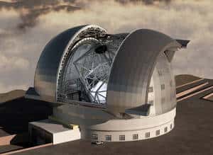 Une image de synthèse de l'E-ELT (<em>European Extremely Large Telescope</em>), qui laisse deviner le miroir géant de 42 mètres, constitué de 906 segments. © ESO