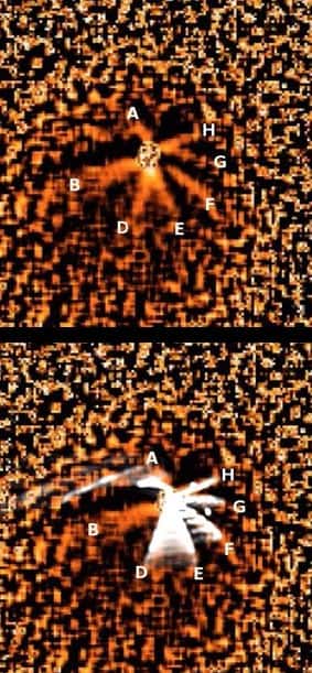 En haut, les jets de poussières de la comète <em>Tempel 1</em> vus par un télescope terrestre. En bas, les simulations informatiques des chercheurs du MPI permettent une reconstitution tridimensionnelle de l'activité du noyau. Crédit <em>Instituto de Astrofisica de Andalucia</em> (Luisa Maria Lara) / MPS