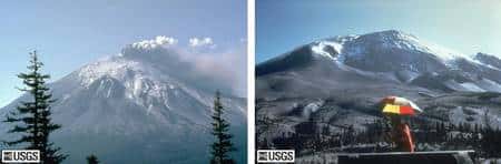 A gauche, l'éruption phréatique du Mont St Helens, le 27 mars 1980. A droite, le dôme cryptomagmatique au mois d’avril (cliquer sur l'image pour l'agrandir). Les signes annonciateurs d'une éruption majeure et imminente sont réunis. L'état d'urgence a été décrété et les habitants ont quitté la région.<br>Crédit : USGS / <em>Cascades Volcano Observatory</em>