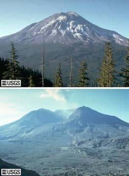 Le Mont St Helens avant et après l’éruption du 18 mai 1980, vu du Johnston Ridge (cliquer sur l'image pour l'agrandir). La montagne a perdu 400 mètres de hauteur et la forêt 600 kilomètres carrés.<br>Crédit USGS/<em>Cascades Volcano Observatory</em>