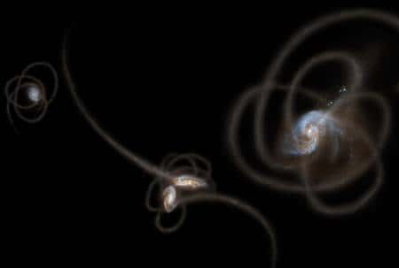 Une image d'artiste montrant les courants de marées arrachées aux galaxies lors de rencontres et de collisions. Une partie des étoiles dans ces courants resteraient dans les halos des galaxies, produisant une partie peut-être non négligeable du CIB. © Nasa/JPL-Caltech