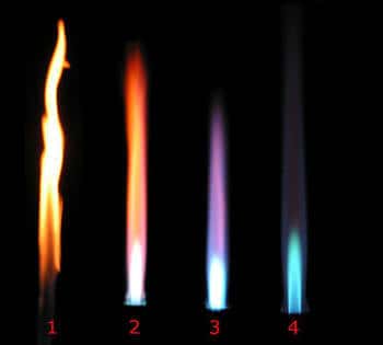 Différents types de flammes d'un bec Bunsen en fonction du flux d'air dans le conduit. © Arthur Jan Fija&#322;kowski, cc by sa 3.0