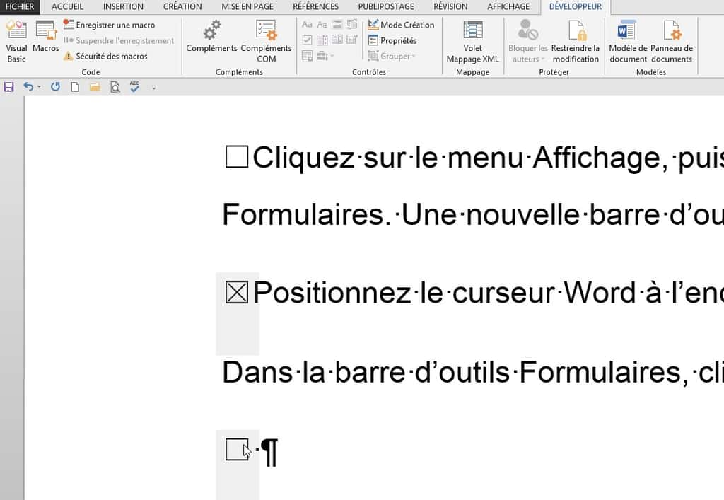 Dans Word, on peut créer des cases à cocher pour des documents à imprimer (deux premières cases) ou bien des cases à cocher cliquables pour les documents numériques (case du bas). © Futura-Sciences