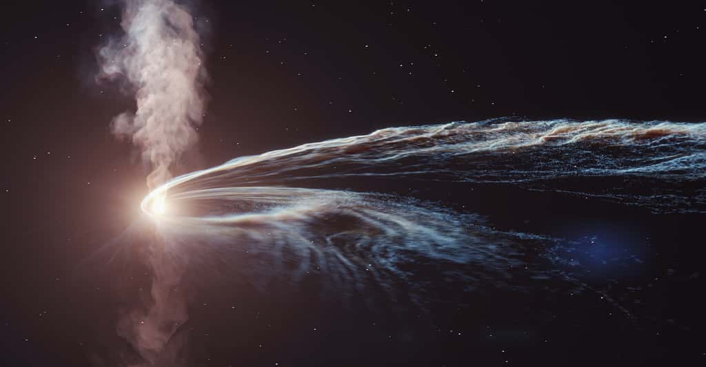 Lors d’un événement de rupture par effet de marée (TDE), une partie de la matière d’une étoile peut ne pas être engloutie par le trou noir. Elle est alors renvoyée vers l’espace. C’est ce que l’on voit ici, en illustration d’artiste. Des chercheurs du <em>Harvard-Smithsonian Center for Astrophysics</em> (États-Unis) ont été surpris d’observer un tel phénomène quelque trois années après qu’un trou noir ait dévoré une étoile. © DESY, <em>Science Communication Lab</em>