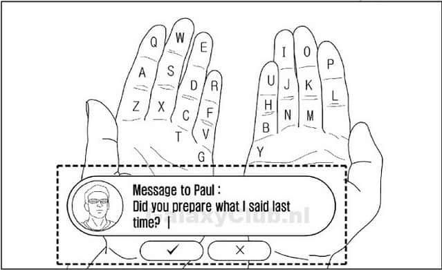 Dans son brevet déposé auprès de l’OMPI, Samsung décrit un clavier virtuel dont les touches seraient projetées sur les doigts de la main grâce à des lunettes à réalité augmentée. Pour rédiger un texte, l’utilisateur devrait regarder ses mains et taper à l’aide de ses pouces. © Samsung, OMPI