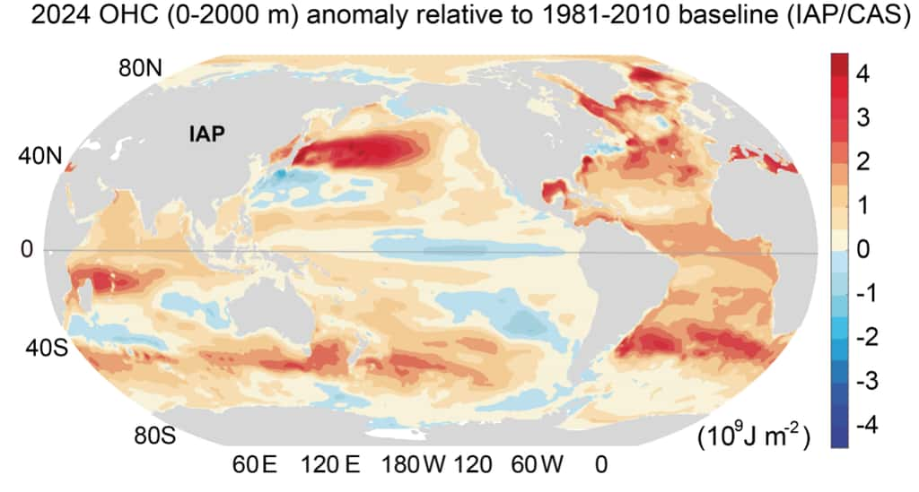 Sur cette carte apparaissent les variations régionales dans les changements de température de l’océan. © Cheng et <em>al.</em>